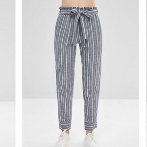 NWT belted striped high waisted tapered pants